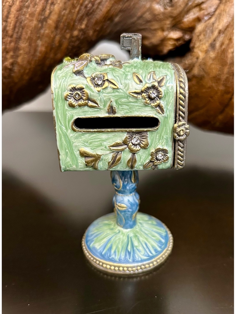 Jeweled Enamel Mailbox Stamp Dispenser Trinket Box Dragonfly Floral Pedestal